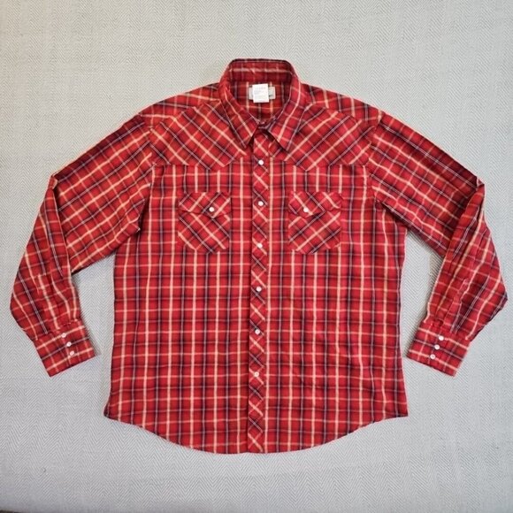 Wrangler Retro Western Shirt Men's XL Red Plaid Pearl Snap Cowboy Sawtooth EUC - Picture 1 of 12
